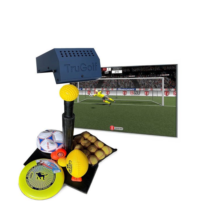 TruGolf MultiSport Arcade unit with sports accessories including soccer ball, football, frisbee, and interactive simulator gameplay.