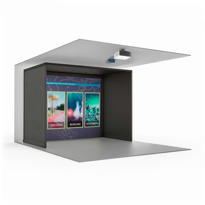 Carl's Place MultiSport Simulator Package with TruGolf MultiSport Arcade, enclosure, impact screen, and ceiling-mounted projector.