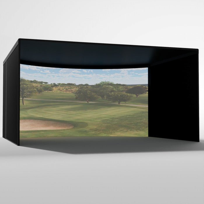 Front view of Carl’s Place 15’ Curved Golf Simulator Enclosure Kit with High - Contrast Gray Impact Screen - ALLBGT