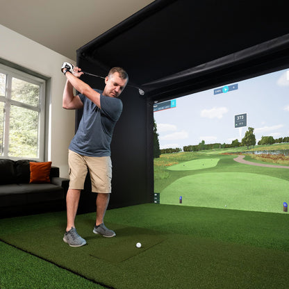 During swing using the Carl’s Place 15’ Pro Golf Simulator Enclosure Kit –Premium Impact Screen - ALLBGT