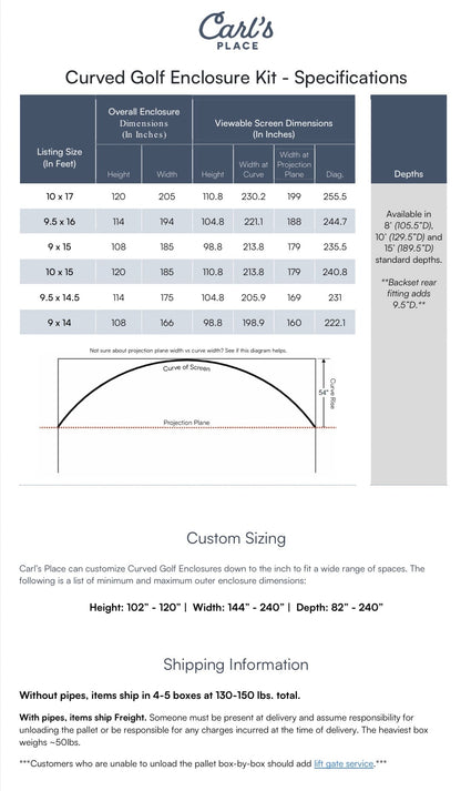 Dimensions of Carl’s Place Curved Golf Simulator Enclosure Kit With High - Contrast Gray Impact Screen - ALLBGT