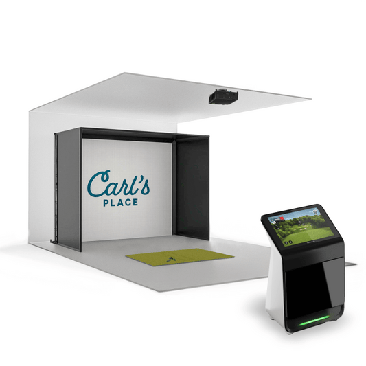 Carl’s Place Golf simulator enclosure with Garmin Approach R50 launch monitor, projector, and indoor golf hitting mat setup - ALLBGT