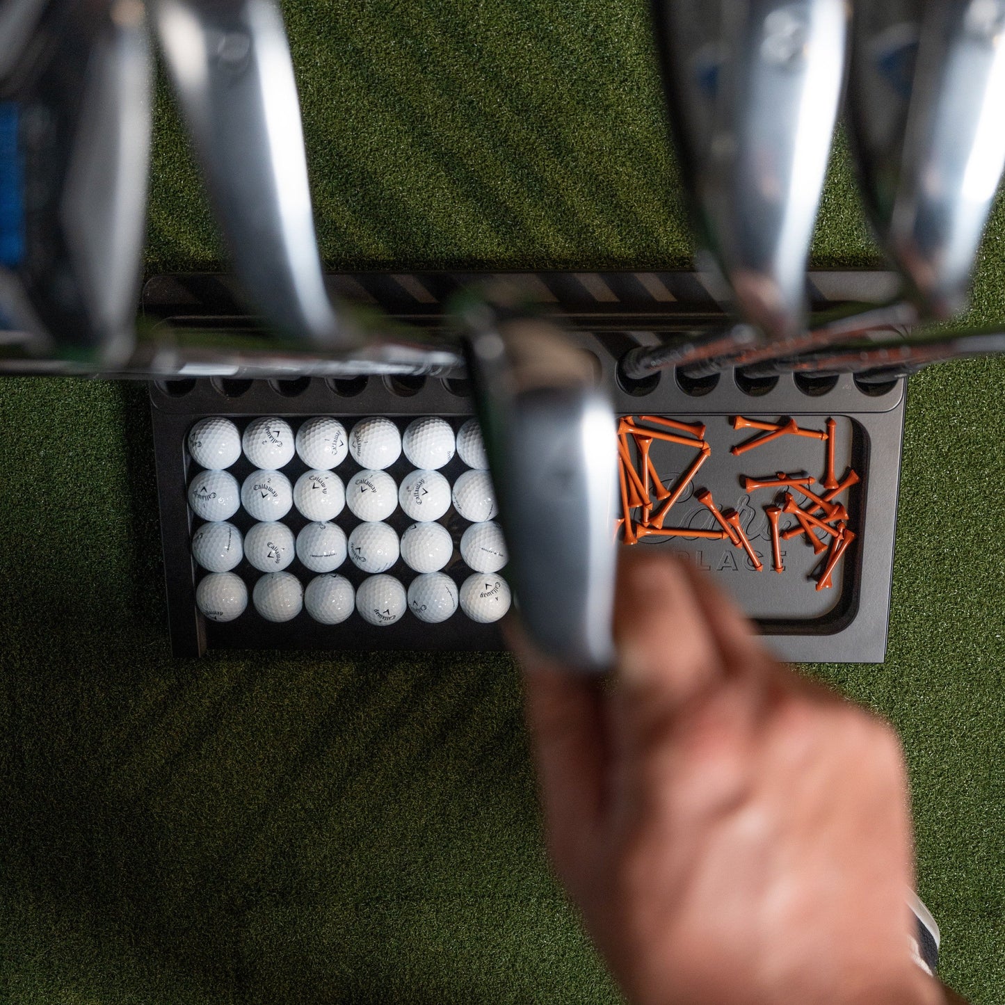 Carl’s Place Golf Club holder simulator accessory for club and ball organization