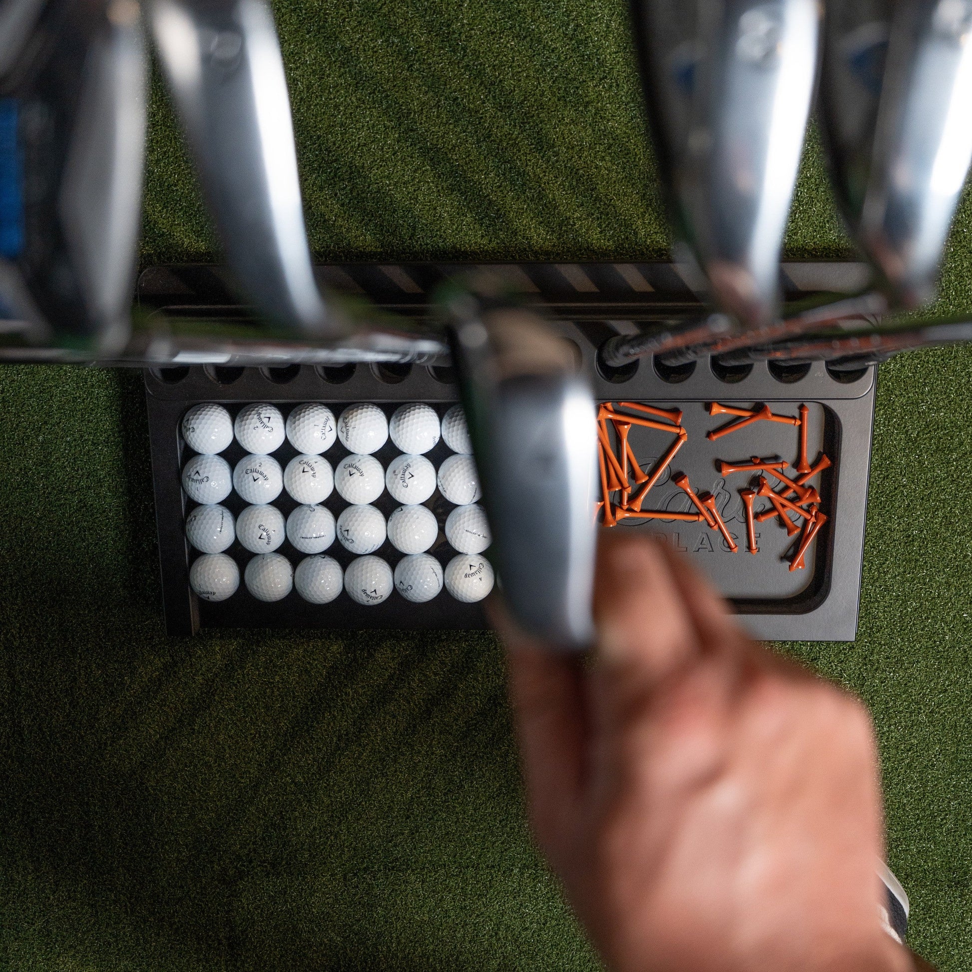 Carl’s Place Golf Club holder simulator accessory for club and ball organization