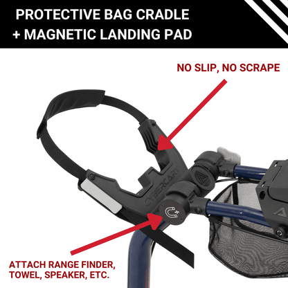 CyberCart + Sidekick Auto Follow Golf Caddy Protective bag cradle with magnetic landing pad.