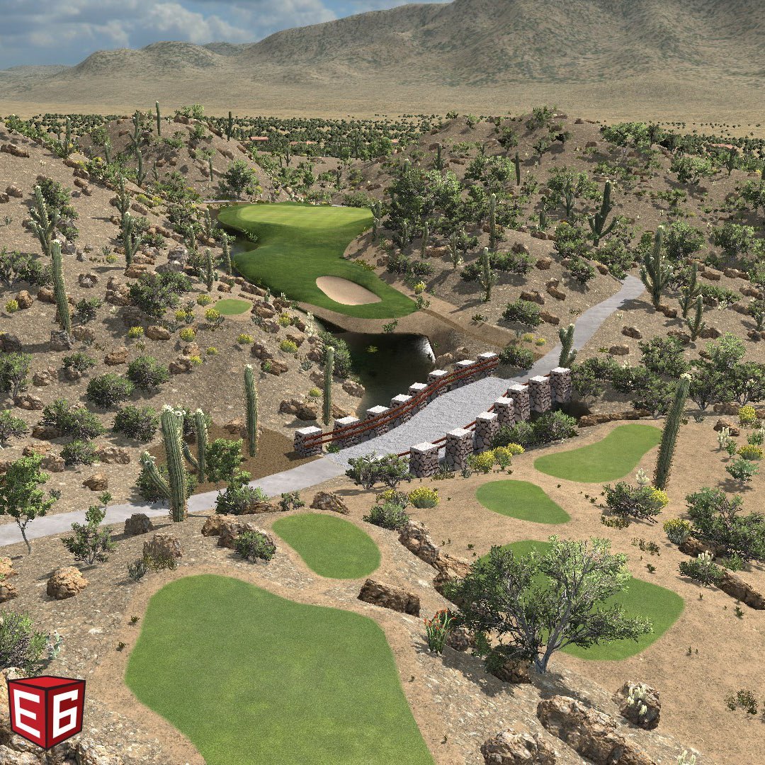 E6 CONNECT Home simulated golf course showing green, fairway, and surrounding landscape - ALLBGT