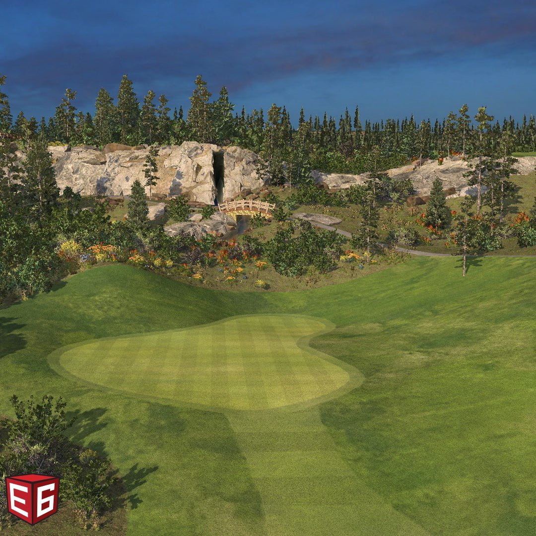 E6 CONNECT Home indoor golf simulation course with mountain backdrop and manicured fairway - ALLBGT