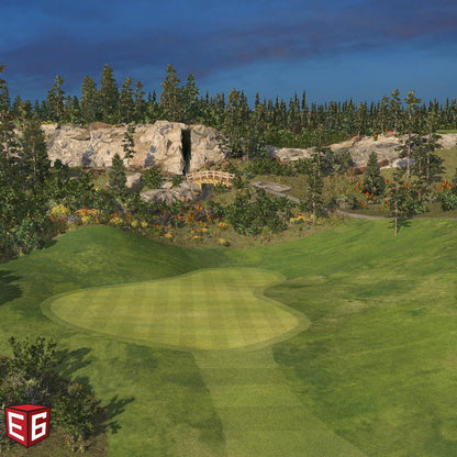 E6 CONNECT Home indoor golf simulation course with mountain backdrop and manicured fairway - ALLBGT