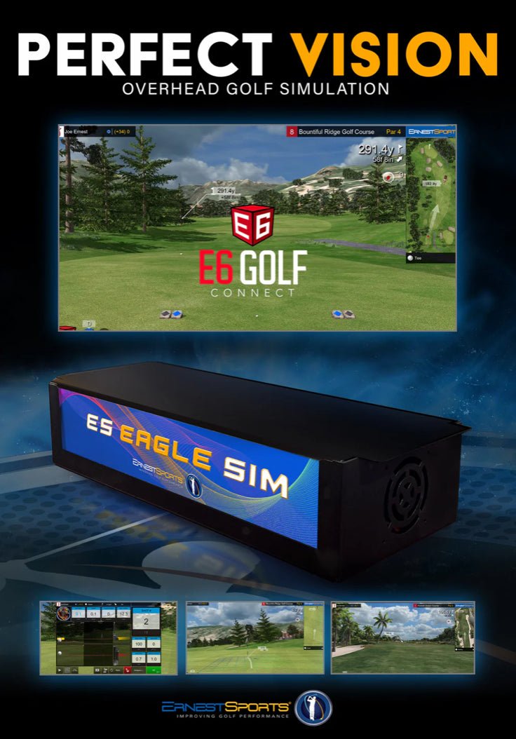 Ernest Sports ES Eagle Sim Launch Monitor with E6 Golf Connect simulation software display - overhead golf simulator - ALLBGT