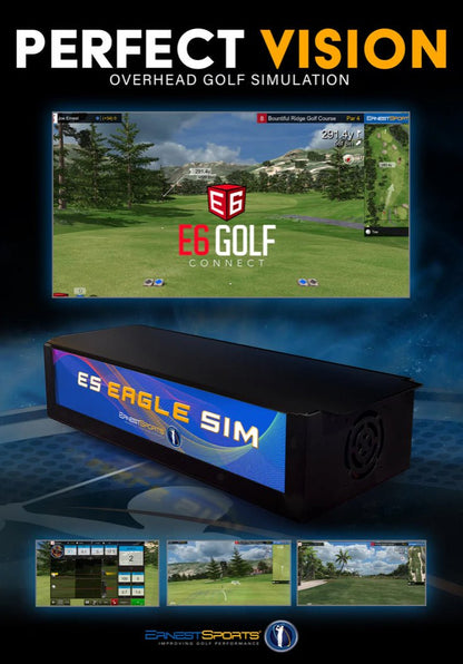 Ernest Sports ES Eagle Sim Launch Monitor with E6 Golf Connect simulation software display - overhead golf simulator - ALLBGT