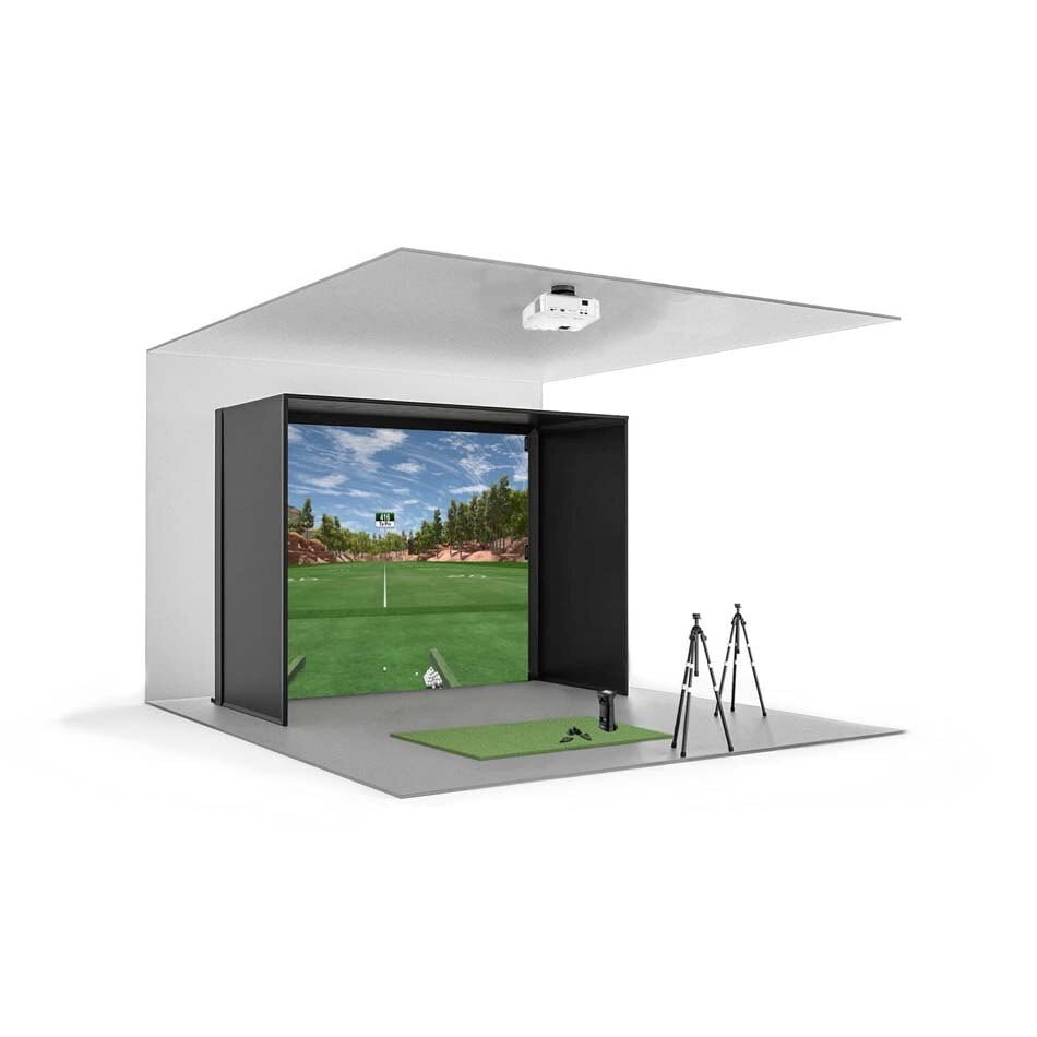 Indoor golf simulator setup featuring Uneekor EYE MINI launch monitor with Carl's Place enclosure and impact screen - ALLBGT