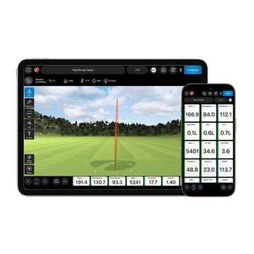 FlightScope Mevo Gen 2 Pro Package & Face Impact Location software interface on a tablet and smartphone - ALLBGT
