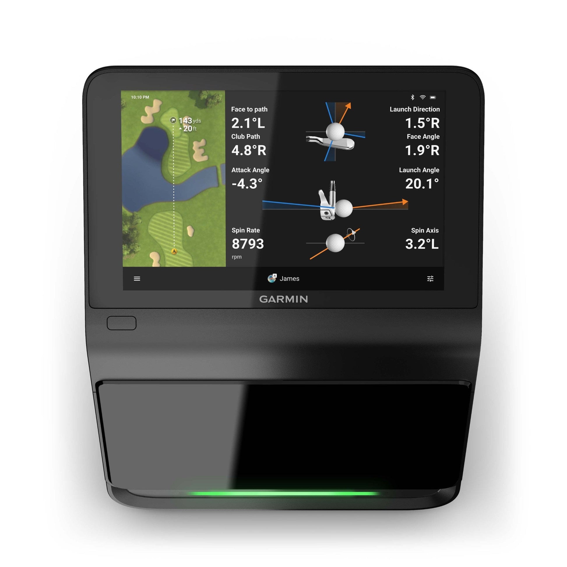 Garmin Approach R50 Launch Monitor displaying ball flight data, spin rate, and launch metrics on touchscreen - ALLBGT