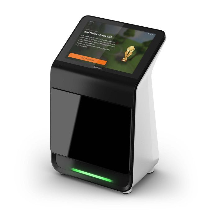 Garmin Approach R50 Launch monitor angled view with integrated touchscreen and portable golf simulator design - ALLBGT