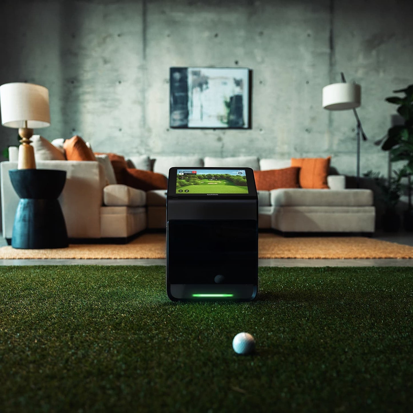 Garmin Approach R50 Launch Monitor set up indoors on turf with golf ball - ALLBGT