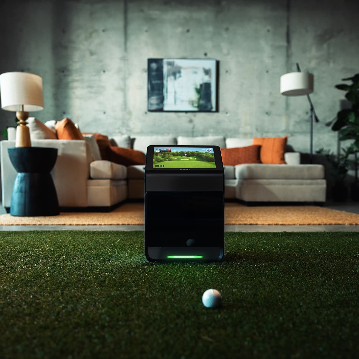Garmin Approach R50 Launch Monitor set up indoors on turf with golf ball - ALLBGT
