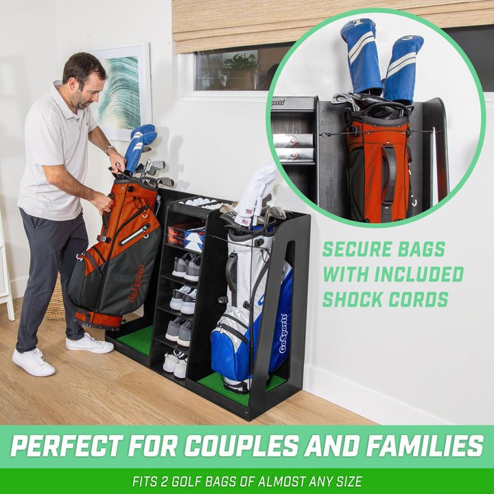GoSports Double Premium Wooden Golf Bag Organizer and storage Rack - Black - ALLBGT