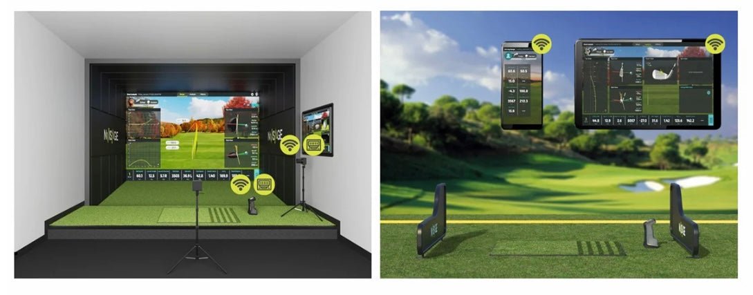 On-Display view of NVISAGE NEO-E Golf Launch Monitor set up outdoors showing advanced swing and ball tracking - ALLBGT