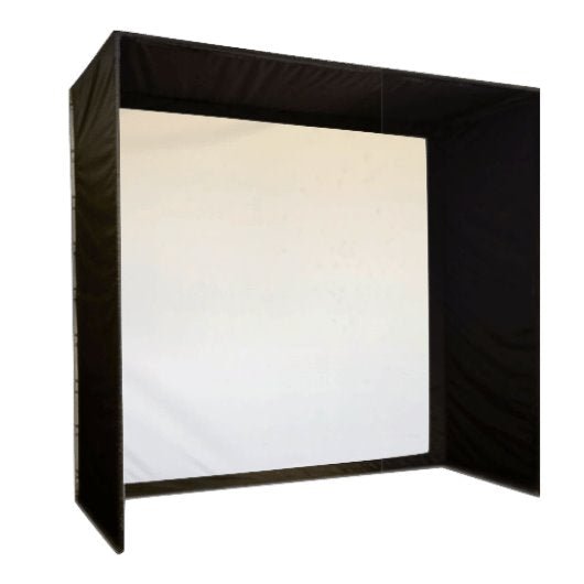SIG8 Golf Simulator Enclosure angled view showing full indoor golf simulator screen and black enclosure frame