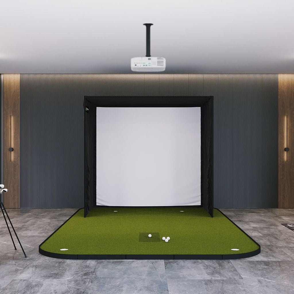SIG8 Golf Simulator Studio premium indoor golf simulator with enclosure screen, projector, and large putting green turf
