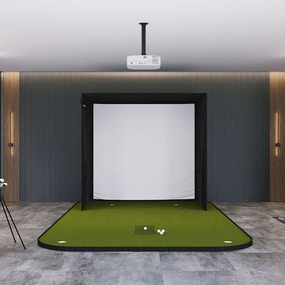 SIG8 Golf Simulator Studio premium indoor golf simulator with enclosure screen, projector, and large putting green turf