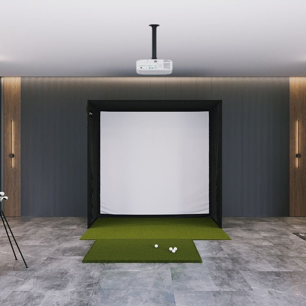 SIG8 Golf Simulator Studio indoor setup with enclosure, impact screen, hitting mat, and ceiling mounted projector.