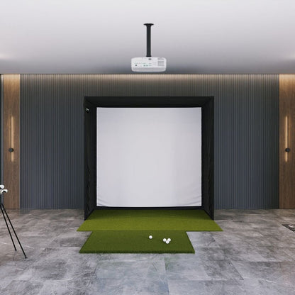 SIG8 Golf Simulator Studio indoor setup with enclosure, impact screen, hitting mat, and ceiling mounted projector.