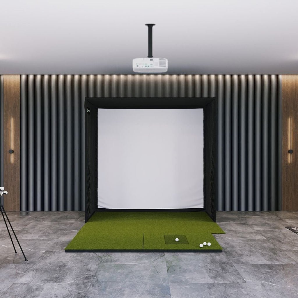 SIG8 Golf Simulator Studio complete indoor golf simulator setup with full hitting mat and projector screen enclosure.