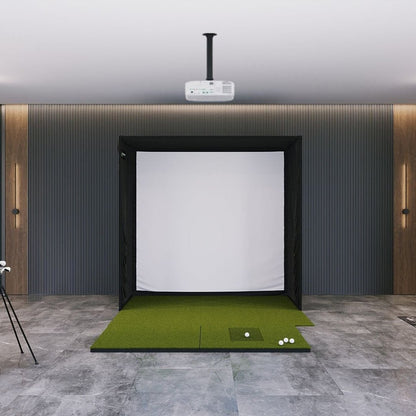 SIG8 Golf Simulator Studio complete indoor golf simulator setup with full hitting mat and projector screen enclosure.