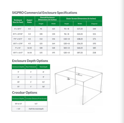 SIGPRO Commercial Enclosure Specifications table with dimensions and options and steel frame.