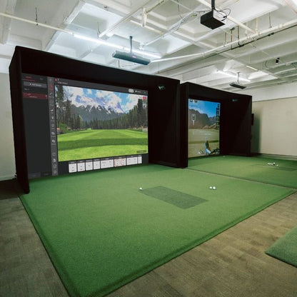 SIGPRO Commercial enclosure Indoor golf simulator setup with two screens displaying golf courses - ALLBGT