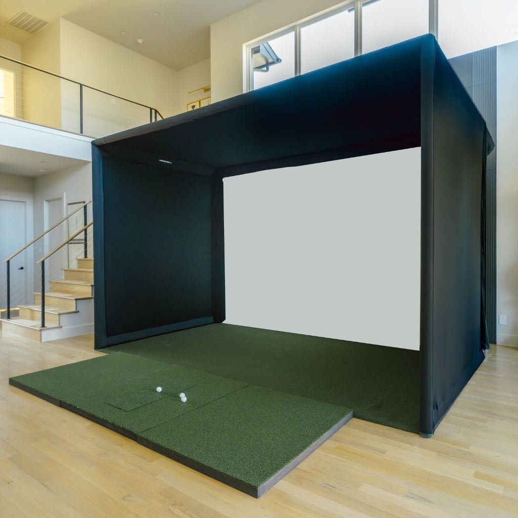 Indoor SIGPRO Commercial Enclosure setup with SIGPRO impact screen and golf hitting mat in modern home - ALLBGT