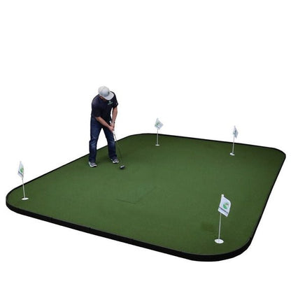 SIGPRO Golf Simulator Flooring with integrated putting cups, hitting strip, and indoor golf practice surface