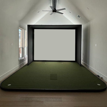 SIGPRO Golf Simulator Flooring installed with indoor golf simulator enclosure and putting green setup - ALLBGT