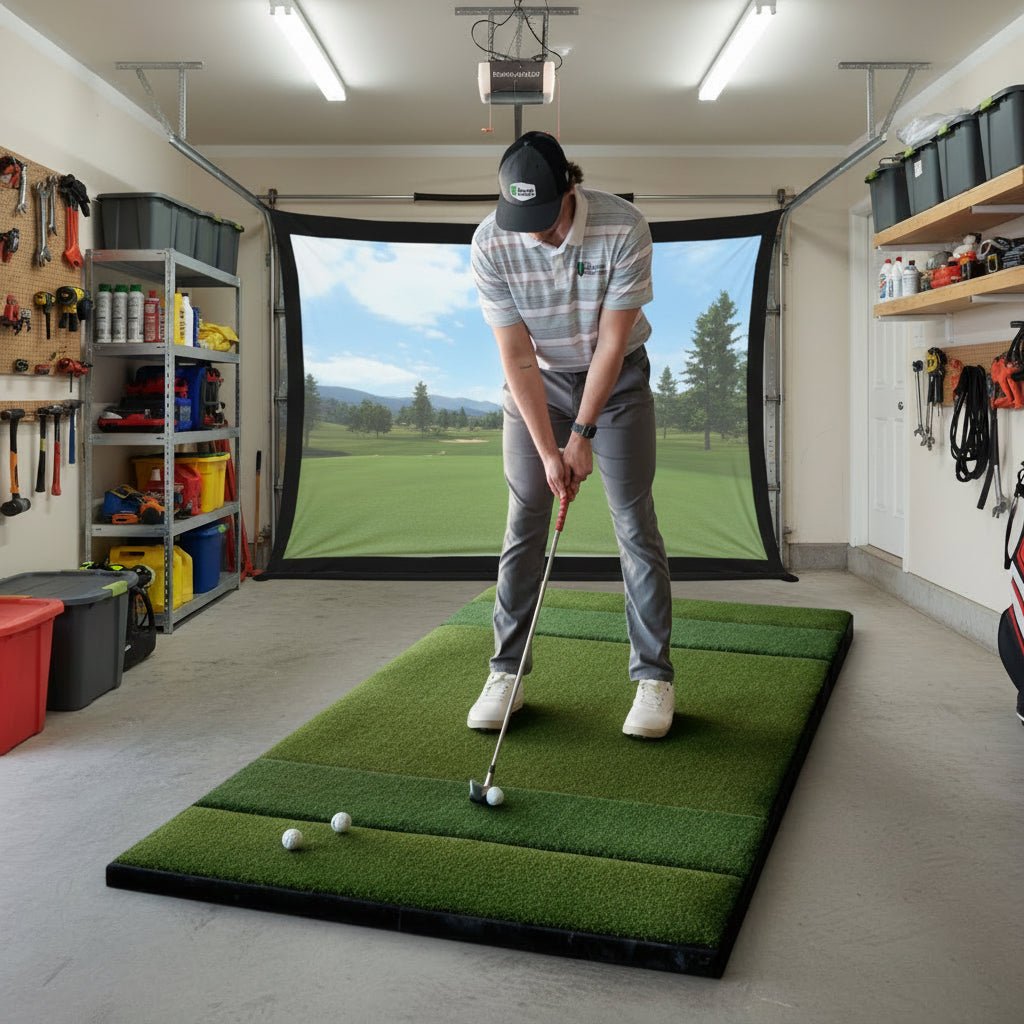 Golfer practicing on SIGPRO super softy 4' x 84 double sided golf mat in home simulator.