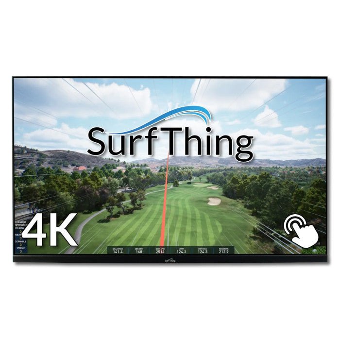 SurfThing 32-inch 4K touchscreen monitor displaying a golf simulator course with shot tracking line and touch interaction icon