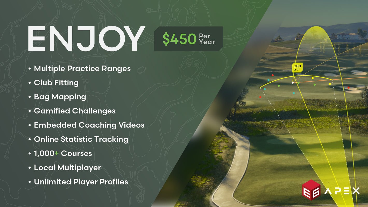 TruGolf E6 APEX Enjoy subscription including multiple practice ranges, club fitting, bag mapping, challenges, and golf courses | ALLBGT 