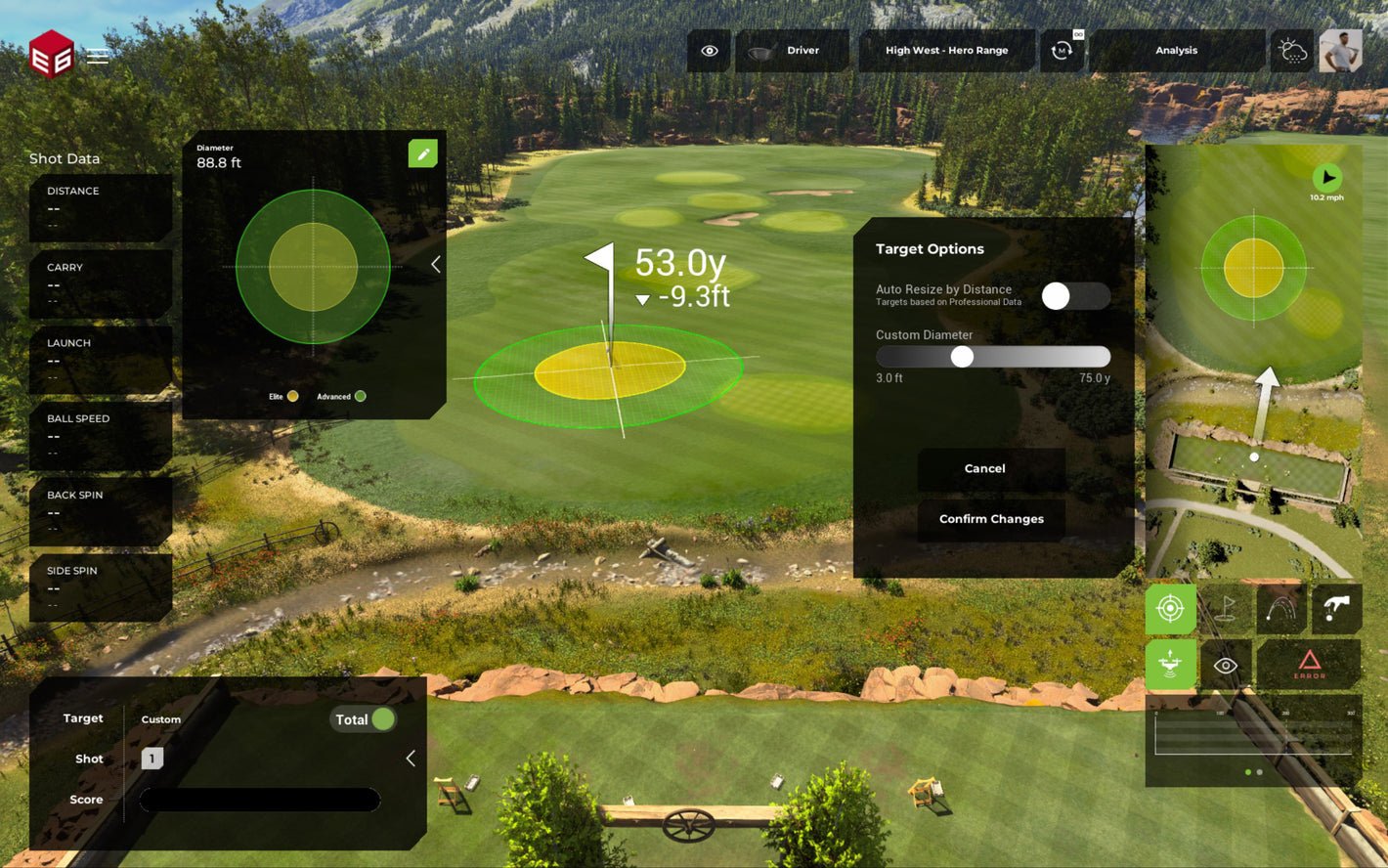 TruGolf E6 APEX practice mode showing shot data, target distance controls, and virtual driving range  | ALLBGT