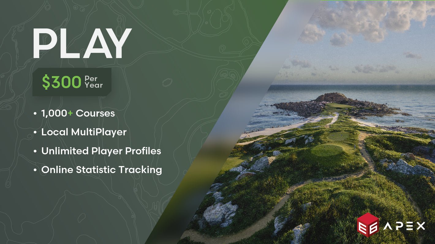 TruGolf E6 APEX Play subscription plan highlighting 1,000+ golf courses, multiplayer features, and online statistics tracking | ALLBGT
