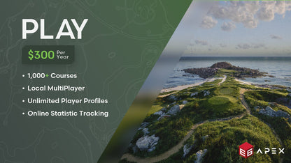 TruGolf E6 APEX Play subscription plan highlighting 1,000+ golf courses, multiplayer features, and online statistics tracking | ALLBGT