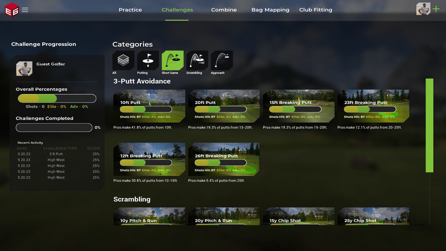 TruGolf E6 APEX challenges menu with putting and short game drills | ALLBGT 