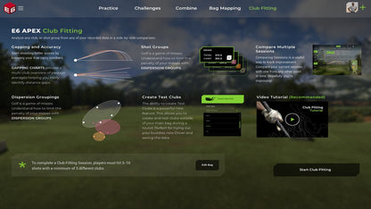 TruGolf E6 APEX club fitting screen with shot dispersion and bag mapping tools | ALLBGT 