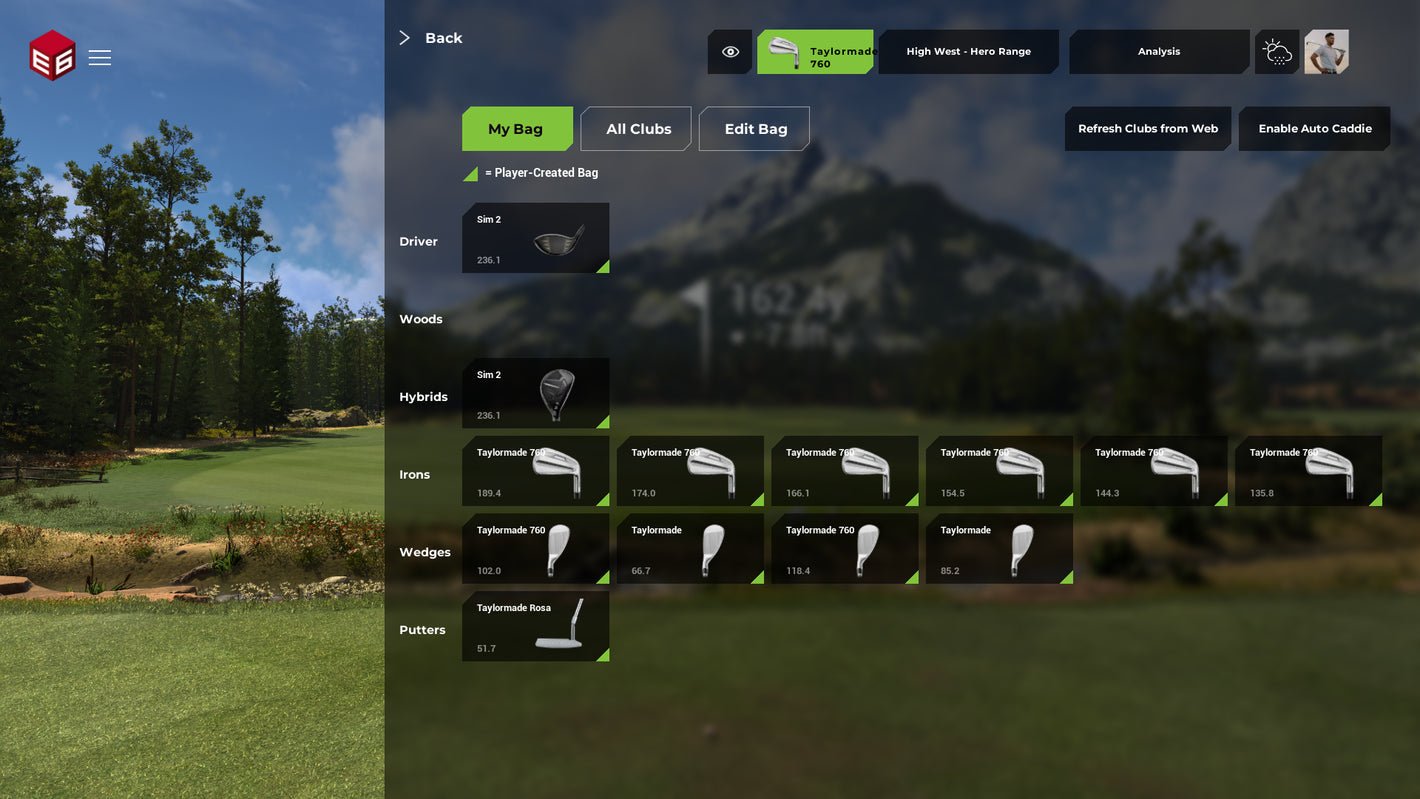 TruGolf E6 APEX My Bag Screen displaying selected golf clubs, yardages, and equipment setup | ALLBGT 
