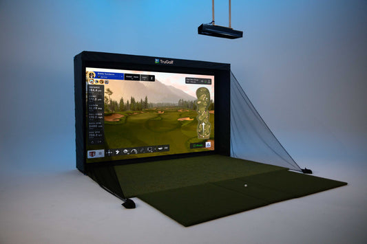 "Angled View of the TruGolf MAX+ Technology golf simulator highlighting immersive design for home practice - ALLBGT"