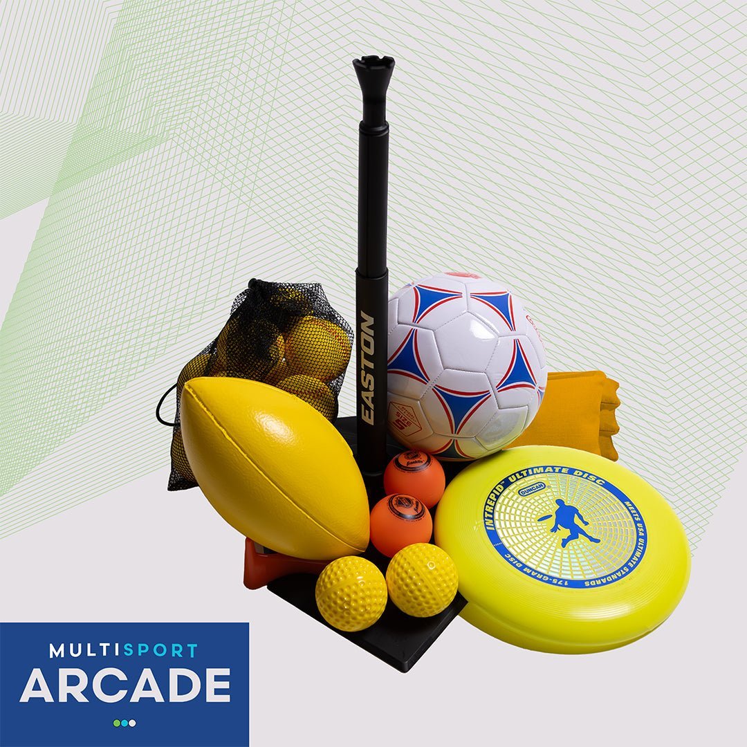 TruGolf MultiSport ARCADE simulator equipment including soccer ball, football, discs, and interactive sports accessories - ALLBGT