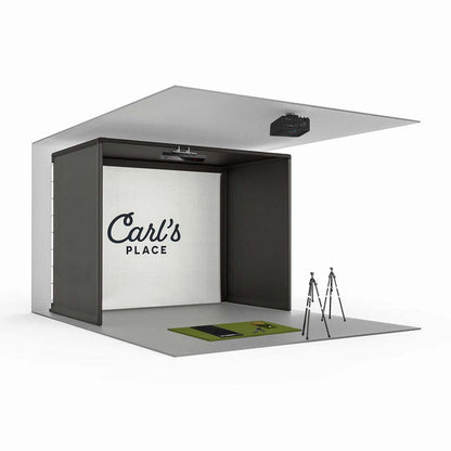 Uneekor EYE XO2 indoor golf simulator package inside Carl's Place Pro enclosure with premium impact screen - ALLBGT
