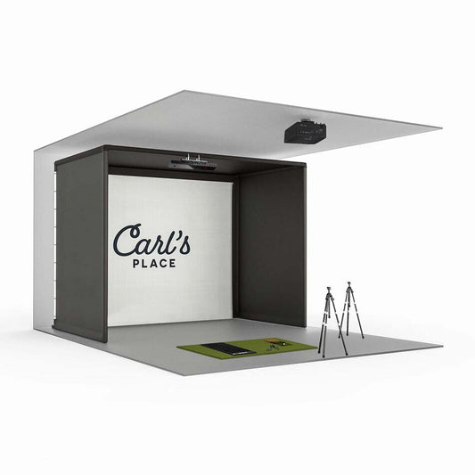 Uneekor EYE XO2 indoor golf simulator package inside Carl's Place Pro enclosure with premium impact screen - ALLBGT